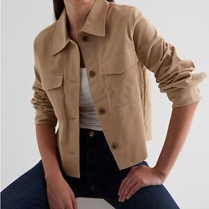 Express Twill Cropped Shacket in Khaki
